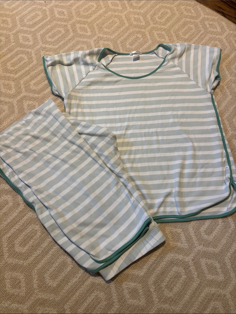 Women's LAKE Short-Sleeve Pajama Pant Set in Sage Green Stripe